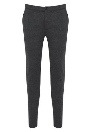 Schmal geschnittene, dunkelgraue Hose aus einem glatten Stoff. Verfügt über einen Knopfverschluss, Gürtelschlaufen und ein minimalistisches Design ohne Taschen.