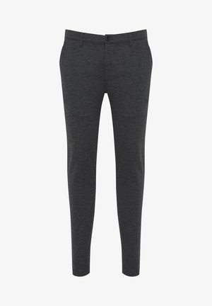 Schmal geschnittene, dunkelgraue Hose aus einem glatten Stoff. Verfügt über einen Knopfverschluss, Gürtelschlaufen und ein minimalistisches Design ohne Taschen.