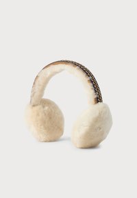 Beige fluffy earmuffs with a brown headband featuring white and yellow embroidered patterns, shown against a plain background.