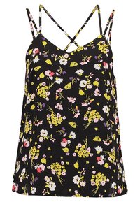 Top in chiffon nero con spalline incrociate sottili. Presenta un motivi colorati di fiori rosa, gialli e bianchi su un tessuto liscio.