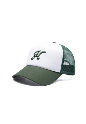 Baseballkasket med grøn skygge og netbagside, hvid frontpanel og et grønt broderet bogstav "H" på forsiden.