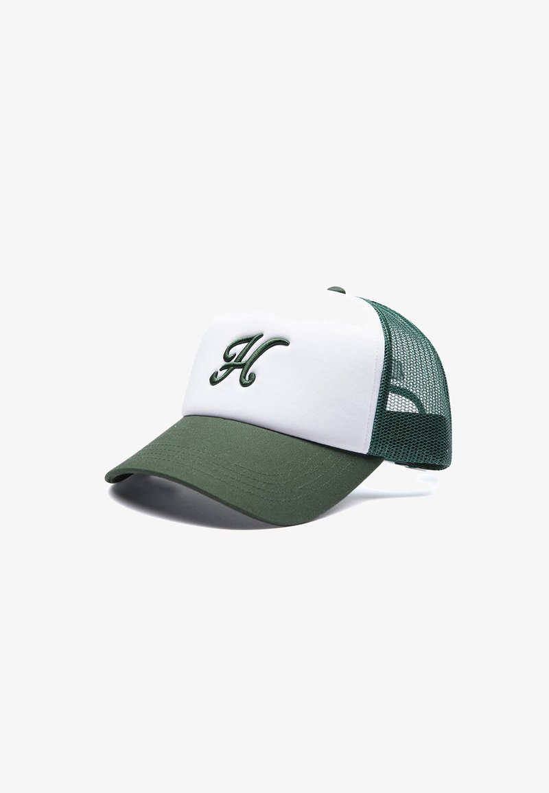 Baseball cap with a green brim and mesh back, white front panel, and a green embroidered letter "H" on the front.