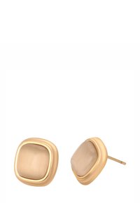 Guldtonede stud øreringe med afrundede firkantede beige centre og glatte, polerede kanter, vist mod en hvid baggrund.