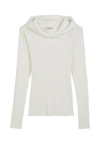 Witte geribde top met lange mouwen en een ingebouwde kraag. Bevat een rechte snit en een onbewerkte zoom onderaan voor extra textuur.