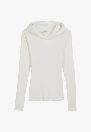 Biała, prążkowana bluzka z długim rękawem i dekoltem typu cowl. Ma prosty krój i surowe wykończenie na dole, co dodaje tekstury.