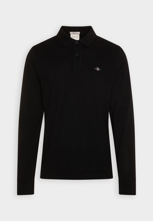 Long-sleeve black polo shirt made of smooth cotton, featuring a classic collar, three-button placket, and a small embroidered logo on the chest.