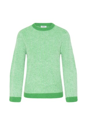 Maglione verde a righe con texture a costine, scollo rotondo e orlo verde a tinta unita in contrasto. Realizzato in materiale morbido e caldo.
