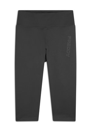 Leggings capri noirs en matériau lisse et extensible. Dotés d'une large ceinture et d'un logo imprimé sur le côté gauche. Design sans couture.