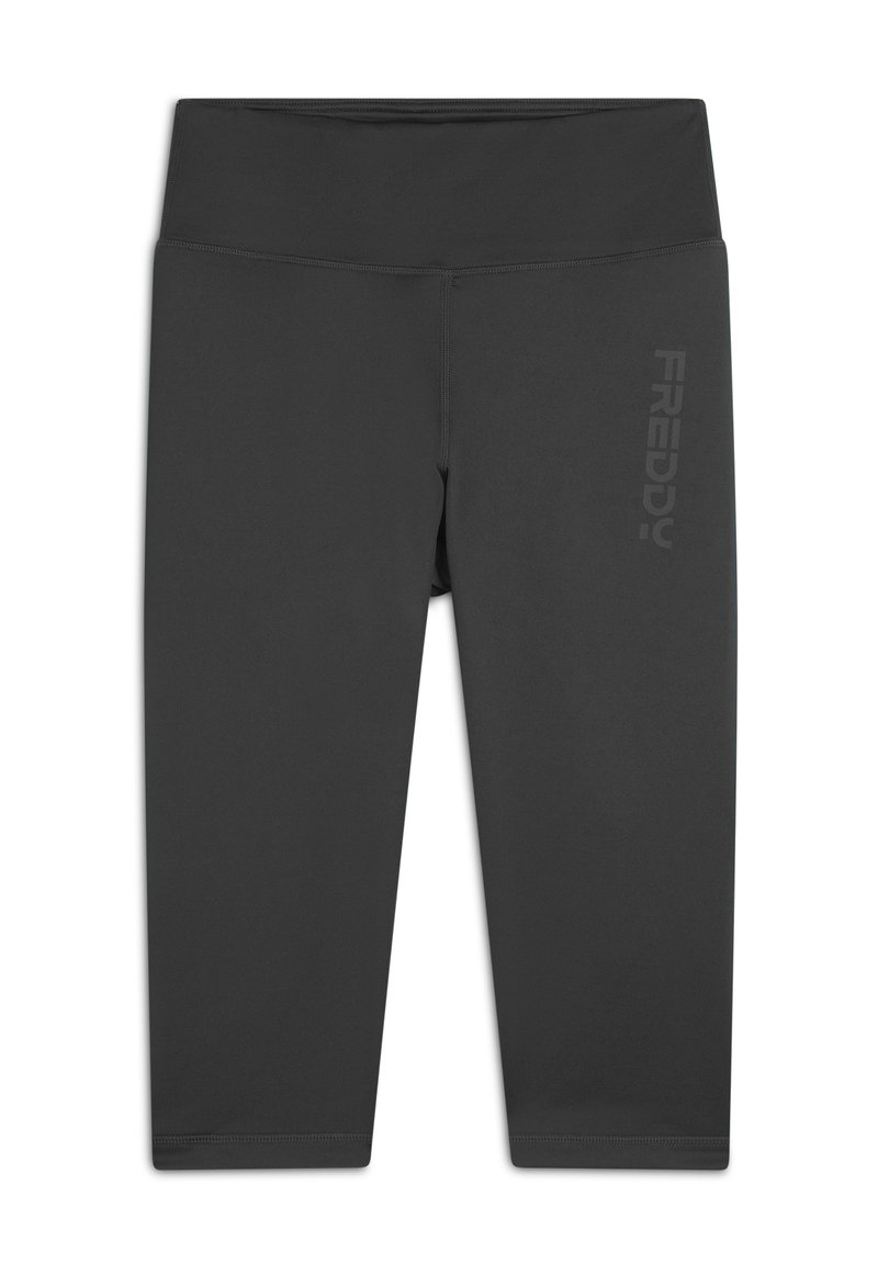 Leggings capri neri realizzati in materiale morbido e elasticizzato. Presentano una vita ampia e un logo stampato sul lato sinistro. Design senza cuciture.