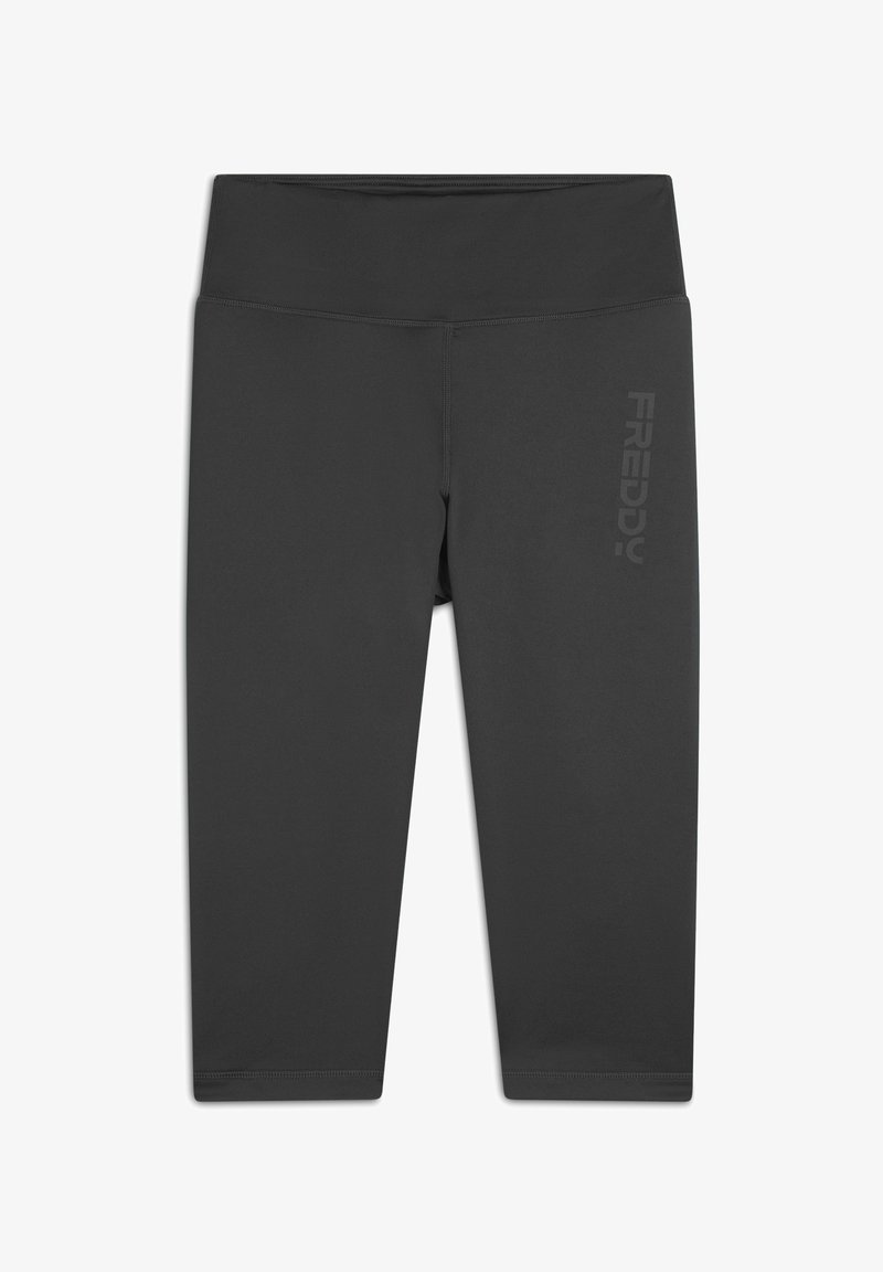 Leggings capri neri realizzati in materiale morbido e elasticizzato. Presentano una vita ampia e un logo stampato sul lato sinistro. Design senza cuciture.