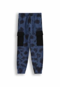 Niebieskie dresy tie-dye z elastycznym pasem, sznurkiem do regulacji i czarnymi kieszeniami na rzepy po bokach. Miękka, teksturowana tkanina o tapered fit.