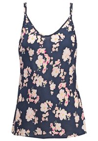 Haut sans manches bleu marine avec fines bretelles, décoré d'un motif floral rose clair et blanc.