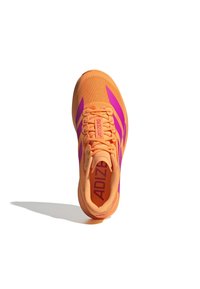 Orange athletic shoe with pink accents, mesh upper, textured sole, and prominent branding on the tongue, designed for performance.