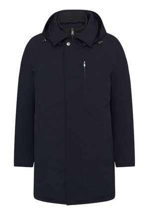 Navy blue waterproof coat with a hood, zip and button closure, front zip pocket, and side pockets; smooth texture, mid-length design.