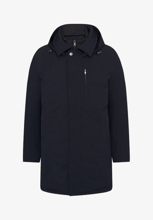Cappotto impermeabile blu navy con cappuccio, chiusura a zip e bottoni, tasca frontale con zip e tasche laterali; texture liscia, design di lunghezza media.