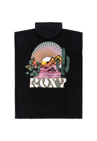 Musta poncho, jossa on värikäs graafinen kuvasto vuorista, nousevasta auringosta, kaktuksista ja sanasta "ROXY" tyylitellyllä kirjoituksella.