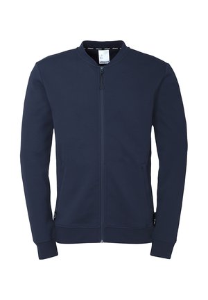 Marineblaue Kapuzenjacke mit Stehkragen, langen Ärmeln, Seitentaschen und gerippten Bündchen. Hergestellt aus einem glatten, dehnbaren Stoff.
