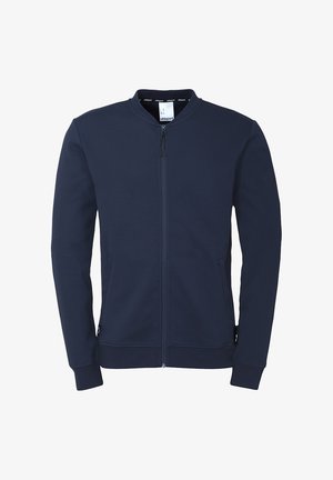 Marineblauwe zip-up jacket met een rechtopstaande kraag, lange mouwen, zijzakken en geribbelde manchetten. Gemaakt van een gladde, rekbare stof.