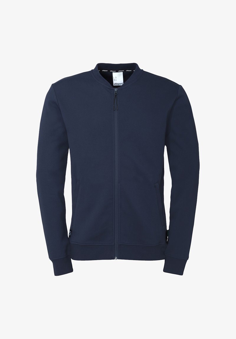 Veste zippée marine avec un col montant, des manches longues, des poches latérales et des poignets côtelés. Fabriquée en tissu lisse et extensible.