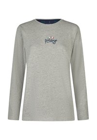 Lichtgrijze langemouwen shirt met "Fijne Feestdagen" geborduurd in multikleurige letters op de borst.