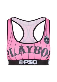 Roza športna modrček z črno črtasto zasnovo in velikim besedilom "PLAYBOY". Ima črn elastičen pas z logotipom "PSD".