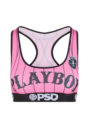 Pink sports bra featuring a black striped design and large "PLAYBOY" text. It has a black elastic band with the "PSD" logo.