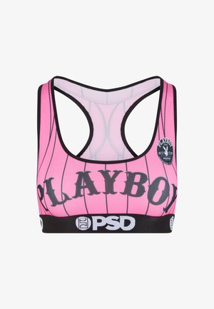 Rosa Sport-BH mit einem schwarzen Streifenmuster und großen "PLAYBOY"-Schriftzug. Er hat ein schwarzes elastisches Band mit dem "PSD"-Logo.