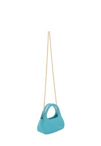 Teal tekstureret håndtaske med en rund form, som har en kædetræk og to håndtagshuller. Glat overflade og enkle design elementer.