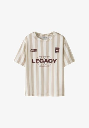 Beige and white vertical striped short-sleeve shirt with "LEGACY" text and circular design in the center, "CHAMPS" and "BEST CLUB" logos on chest.