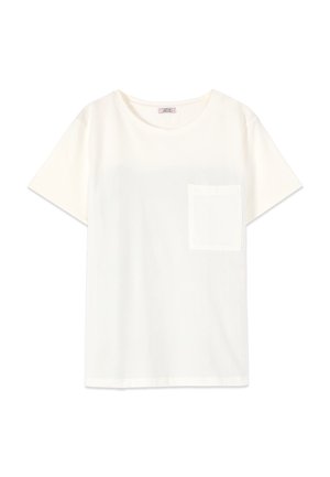 Prosty biały T-shirt z krótkim rękawem, okrągłym dekoltem i pojedynczą kieszenią na piersi po lewej stronie.