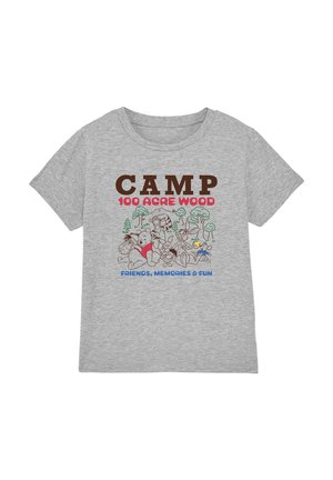 Gray T-shirt with "CAMP 100 ACRE WOOD" text and Winnie the Pooh characters sitting with trees, captioned "Friends, Memories & Fun."