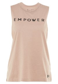 Top da allenamenti senza maniche di colore rosa con la scritta "EMPOWER" in nero, realizzato in tessuto morbido, con scollatura rotonda e fessure laterali.
