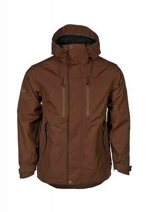 Brun vandtæt jakke med hætte, der har to lynlåse brystlommer og justerbare manchetter. Glat tekstur med en let glans.