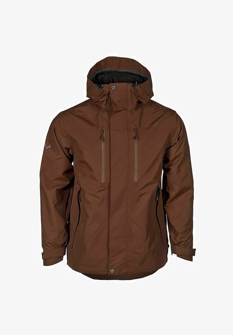 Brun vandtæt jakke med hætte, der har to lynlåse brystlommer og justerbare manchetter. Glat tekstur med en let glans.