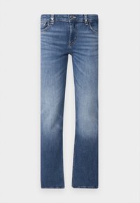 Jeans in denim blu con taglio dritto, caratterizzati da un design sbiadito, cinque tasche e finiture argentate in vita.