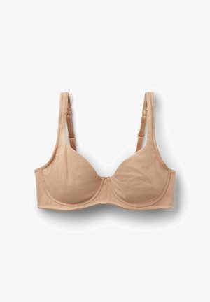 Weicher beiger BH mit nahtlosen Körbchen, verstellbaren Trägern und einem schlichten, glatten Design mit leichtem Glanz. Keine Verzierungen oder Muster.