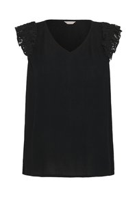 Blouse noire sans manches avec col en V et manches volantées en dentelle, coupe droite simple.