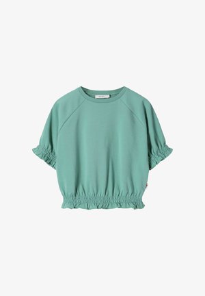 Lichtgroene blouse met korte mouwen en elastische gerimpelde manchetten en zoom, ronde halslijn, gemaakt van zachte stof.