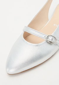 Pantofii plata din piele argintie cu vârful ascuțit, având o curea decorativă și o cataramă. Textura netedă și luciul subtil sunt proeminente.