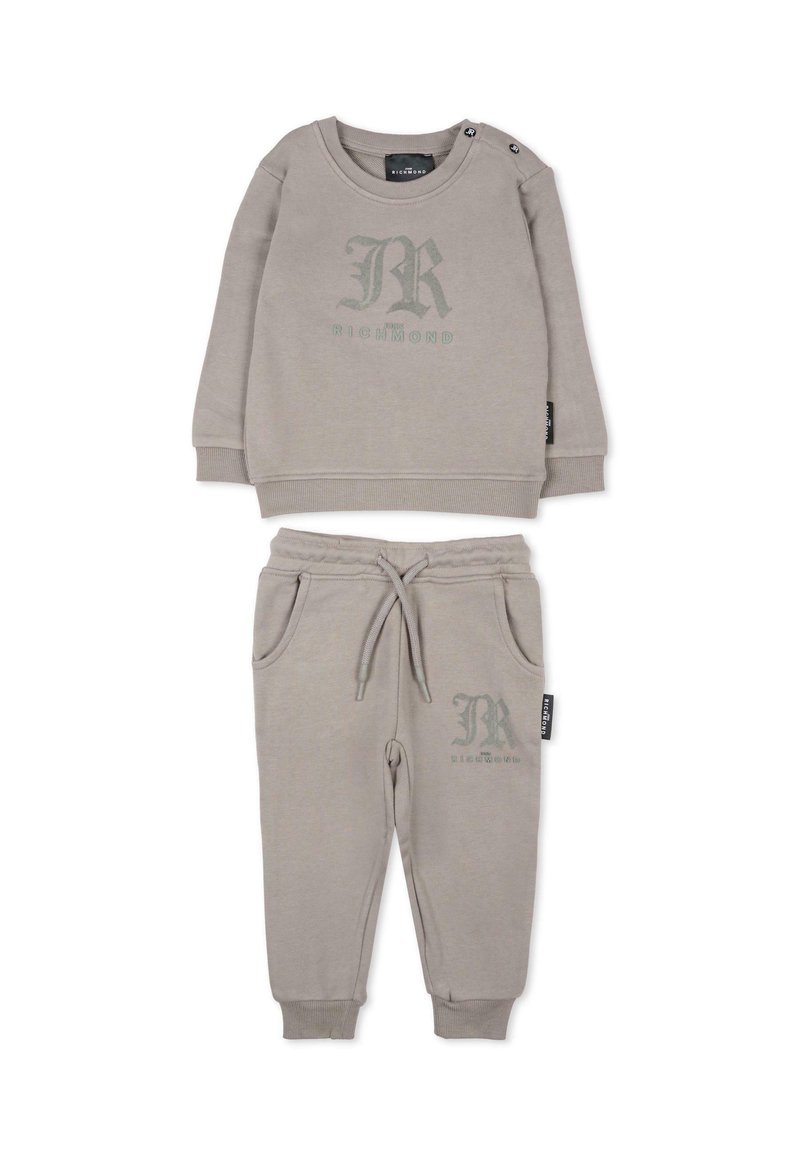 Felpa grigia in cotone con joggers coordinati. La felpa presenta una stampa del logo e dettagli con bottoni; i pantaloni hanno una coulisse e tasche laterali.