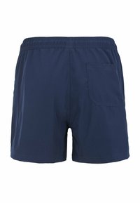 Mörkblå simbyxor med elastisk midja, utrustade med en bakficka och ett mjukt, lätt tyg. Klassisk design med rena linjer.