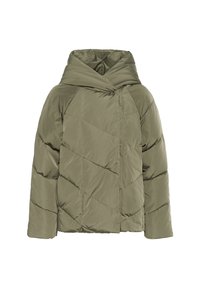 Giacca imbottita in verde oliva con cappuccio, con un motivo a trapuntatura geometrica e chiusura frontale. Tessuto liscio e lucido.