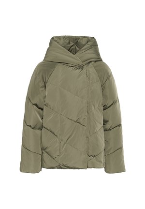 Gewatteerde jas in olijfgroen met een capuchon, gekenmerkt door een geometrisch quiltpatroon en een voorgesloten sluiting. Gladde, glanzende textuur.