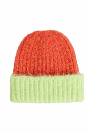 Knitted hat featuring a ribbed design, with an orange top portion and a green bottom, made of soft material for warmth and comfort.
