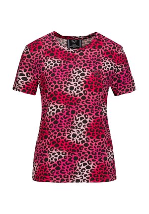 Korte mouw t-shirt in roze en zwart luipaardprint, gemaakt van zachte stof met een ronde hals. Heeft een klein logo-detail.