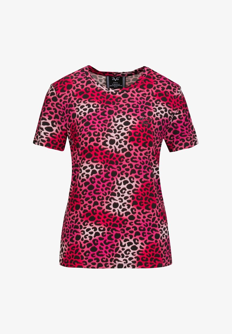 Kurzärmliges T-Shirt in pinkem und schwarzem Leopardenmuster, aus weichem Stoff mit Rundhalsausschnitt. Verfügt über ein kleines Logodetail.