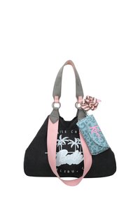 Sac en toile noir avec des sangles grises et roses, arborant un motif de palmier et le logo "Barbie". Comprend un portefeuille teal avec un imprimé léopard.