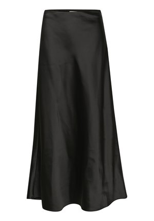 Black satin skirt with a smooth texture, A-line shape, and a subtle sheen. Features a curved hem and a simple waistband design.