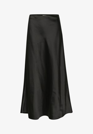 Must mustriga seeliku sile tekstuur, A-line kuju ja peene sära. Omab kõverat serva ja lihtsat vööd.