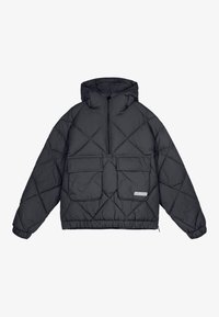 Giacca invernale nera con cappuccio, caratterizzata da un design a rombi trapuntati, due tasche frontali e un orlo elastico. Realizzata in materiale testurizzato e isolante.
